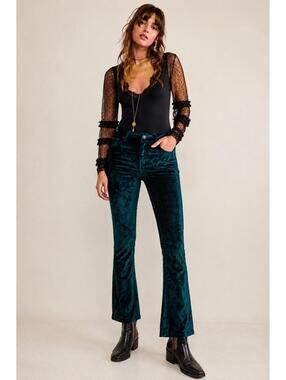 Free People Green Velvet Crop Bootcut Pants Size 28 Emerald Stretch